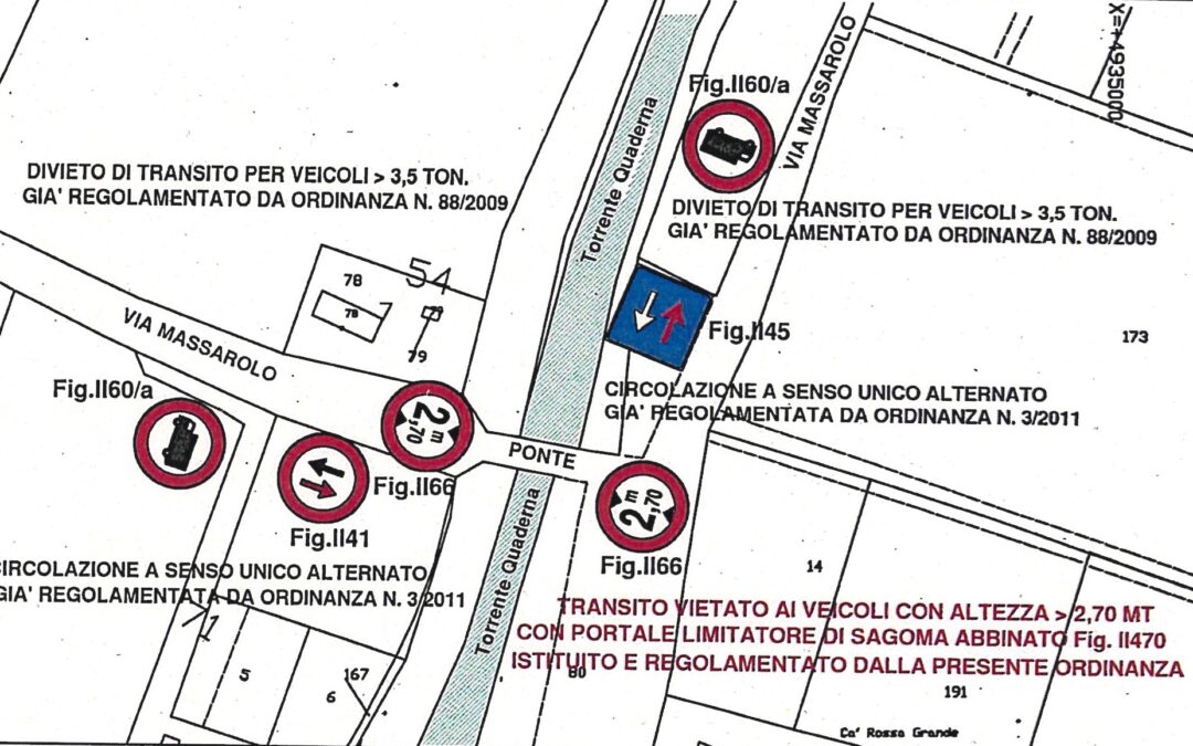 Via Massarolo, ponte sul Torrente Quaderna, vietato per i veicoli con altezza superiore a mt.2,70